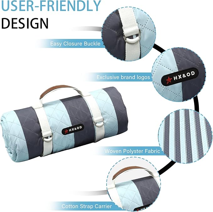 HX&OD Outdoor Picnic Blanket Extra Large, 80''*60'' Waterproof Picnic Mat with Stakes Foldable Camping Blanket Portable with Carry Strap for Beach Mat (Green& White, 80''*60'')-BubblyBeeBaby