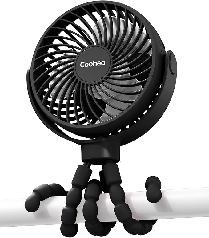 Stroller Fan Clip on for Baby, 4000mAh Rechargeable Battery Operated, Flexible Tripod, 3 Wind Speed, 360° Rotatable, Small Cooling Portable Fan for Car Seat Crib Golf Cart Bike Treadmill, Black-BubblyBeeBaby