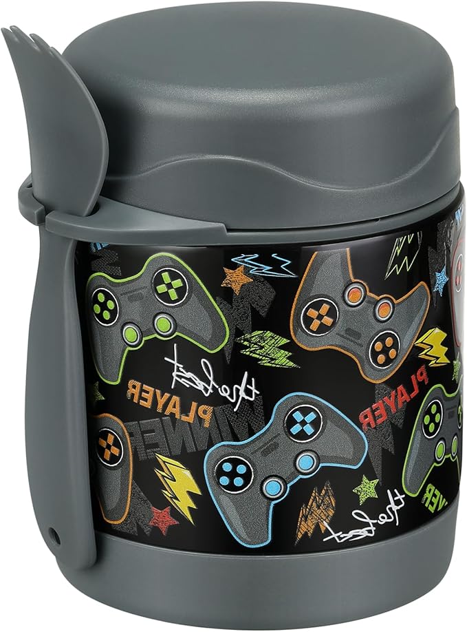 10oz Soup Thermo for Hot Food Kids,Lunch Thermo Kids Food Jar with Spoon Hot Insulated Food Containers,Leak Proof Stainless Steel Wide Mouth Lunch Food Thermo Jar for School(Black-Game Console)-BubblyBeeBaby