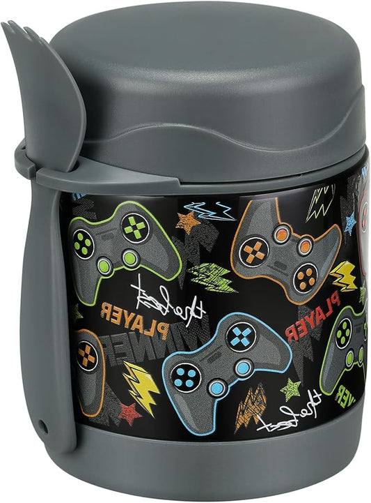 10oz Soup Thermo for Hot Food Kids,Lunch Thermo Kids Food Jar with Spoon Hot Insulated Food Containers,Leak Proof Stainless Steel Wide Mouth Lunch Food Thermo Jar for School(Black-Game Console)-BubblyBeeBaby