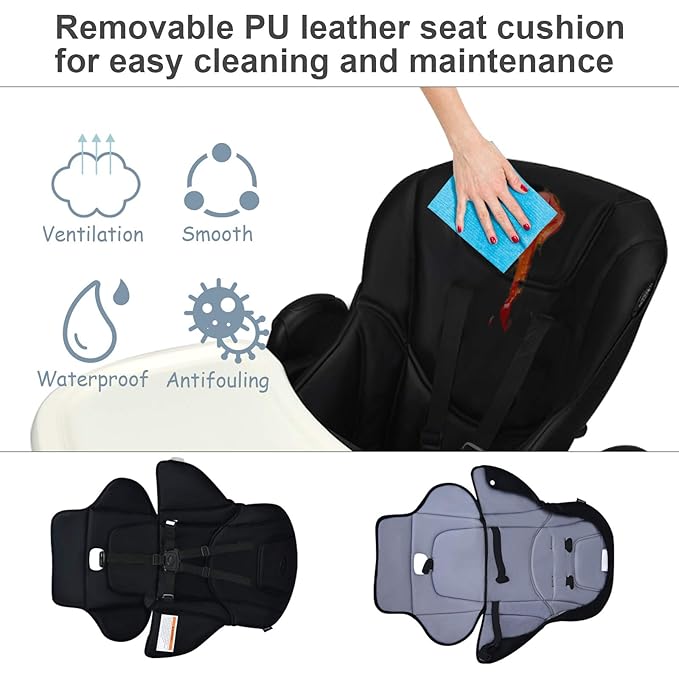 INFANS High Chair for Babies & Toddlers, Foldable Highchair with Multiple Adjustable Backrest, Footrest and Seat Height, Removable Tray, Detachable PU Leather Cushion, Built-in Rear Wheels (Black)-BubblyBeeBaby