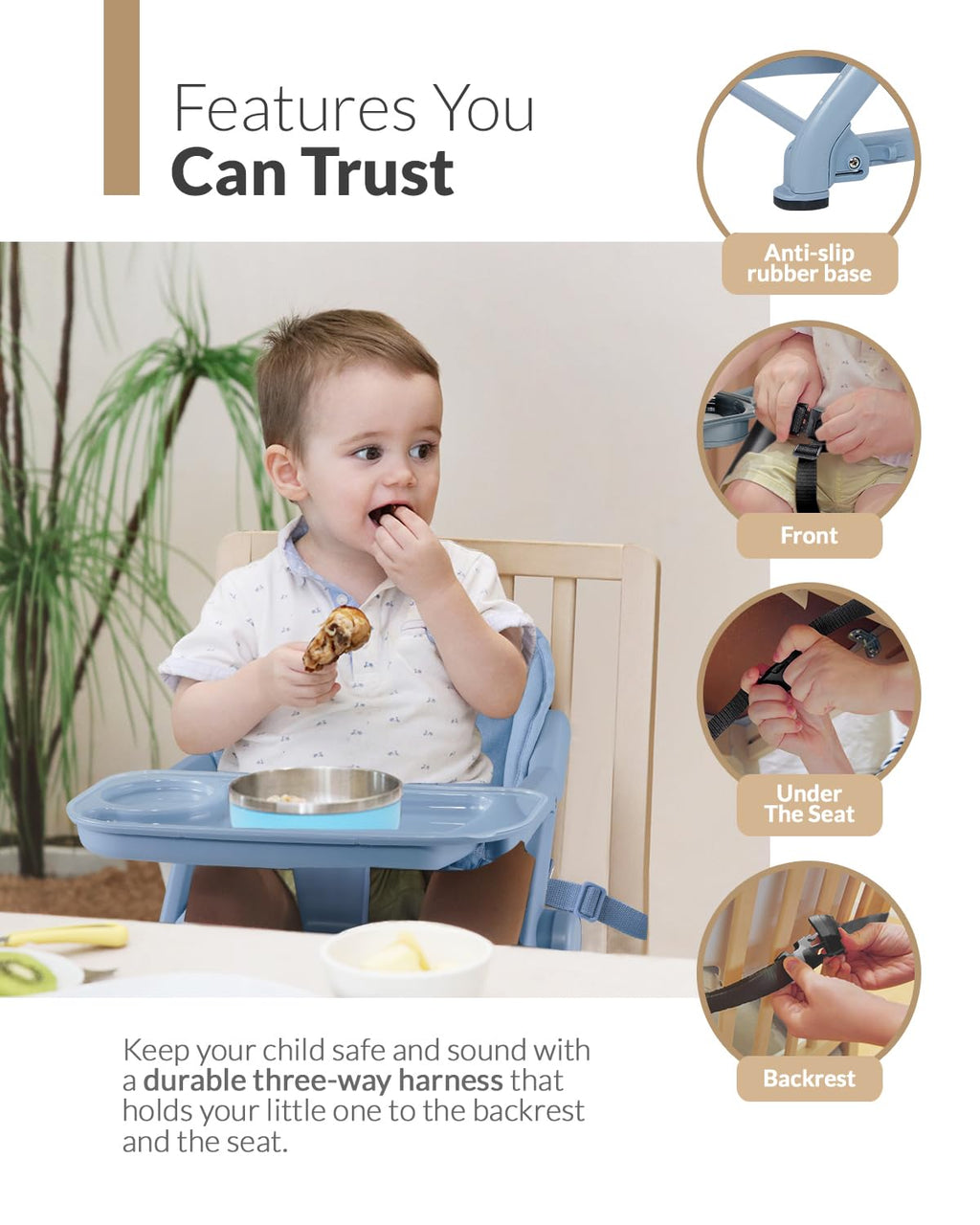 Feed Me 3-in-1 Travel High Chair Booster Seat for Infants and Toddlers - Transitional, Compact & Fits Any Chair, Swivel Tray, Airy Blue