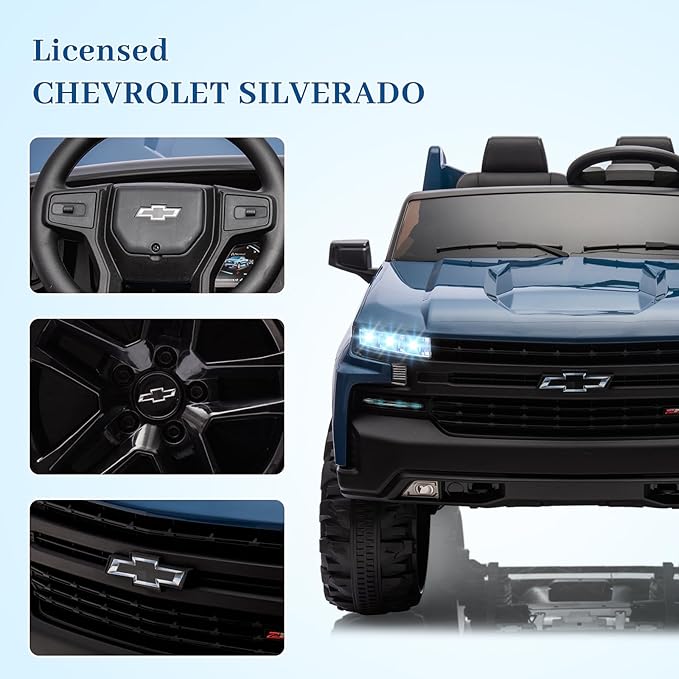 Hetoy 24V 2-Seater Truck Licensed Chevrolet Silverado Ride On Car Toy w/Parent Remote Control,4xSpring Suspension, 3 Speeds, Wireless Music, MP3 Player, Electric Vehicle Car for Kids, Blue-BubblyBeeBaby
