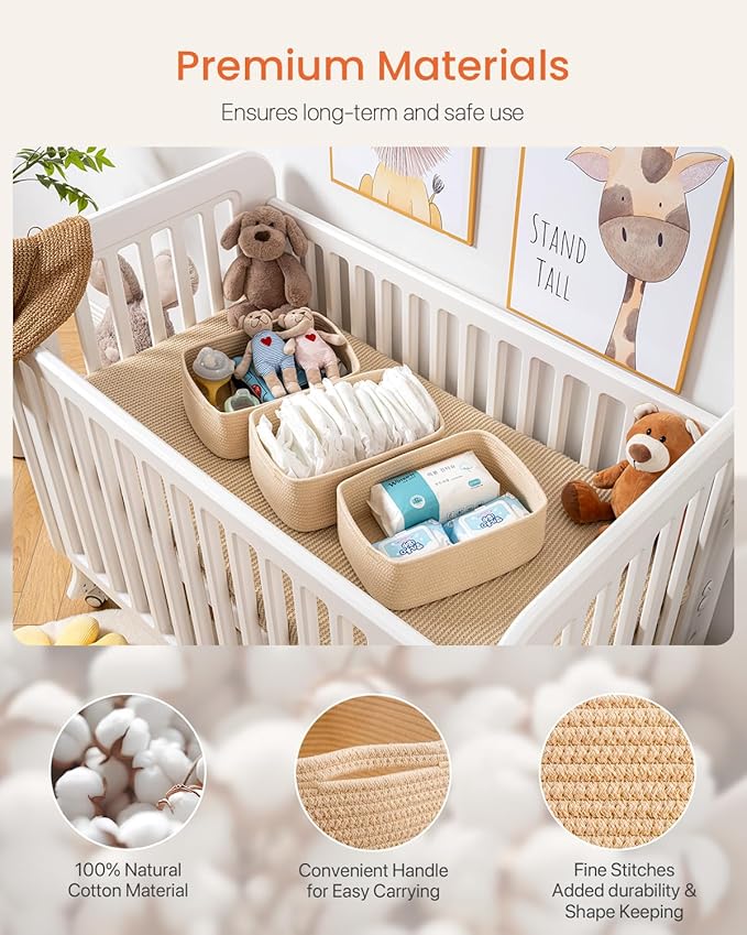 KALLAX Small Woven Basket, 13.5 x 9.5 x 5 Inches, Storage Basket for Organizing, Cute Small Rope Shelf Closet Cube Storage Bins Baskets for Shelves, Dog Toy Gift Baskets Empty, 3 Packs, Beige-BubblyBeeBaby
