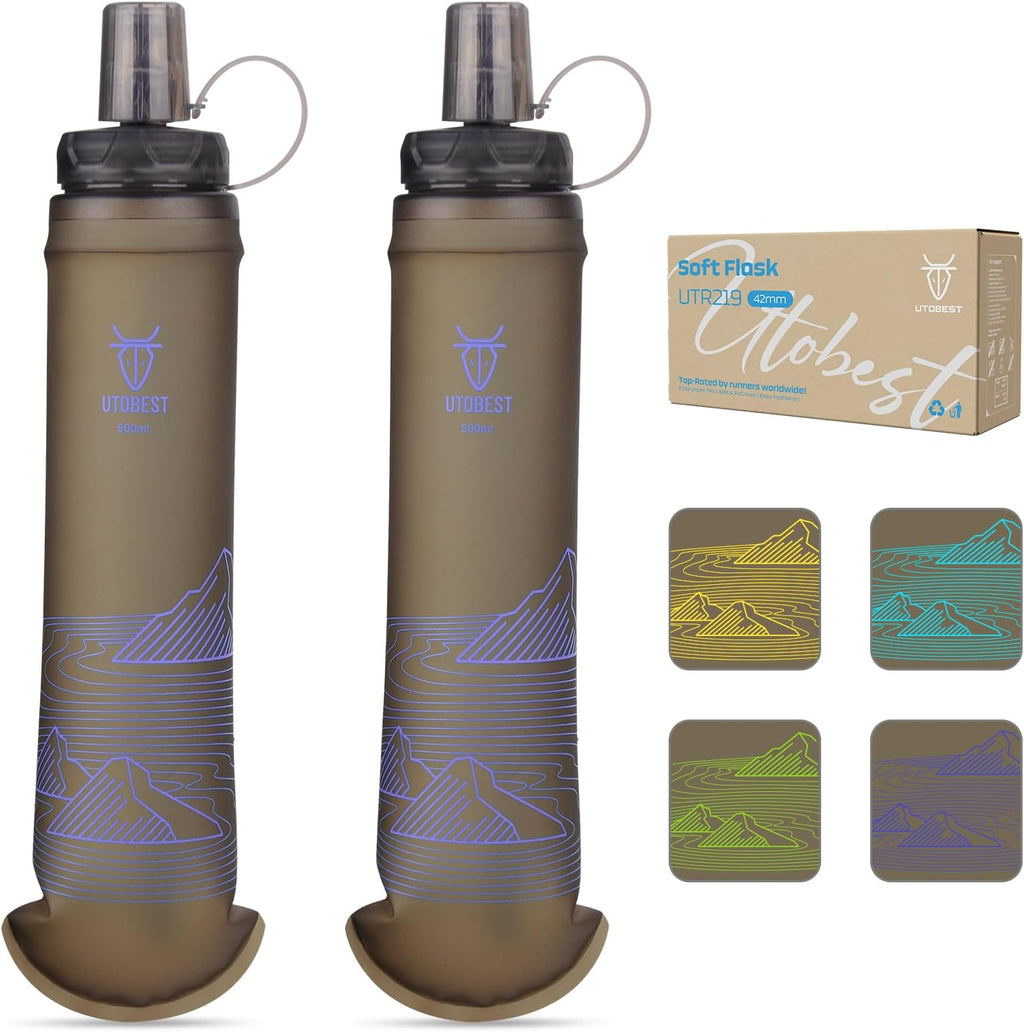 UTOBEST 500ml Soft Flask, 2 Pack Flexible TPU Hydration Water Bottle, Collapsible with 42mm Caliber for Running, Hiking, Cycling, Climbing, and Marathon Purple