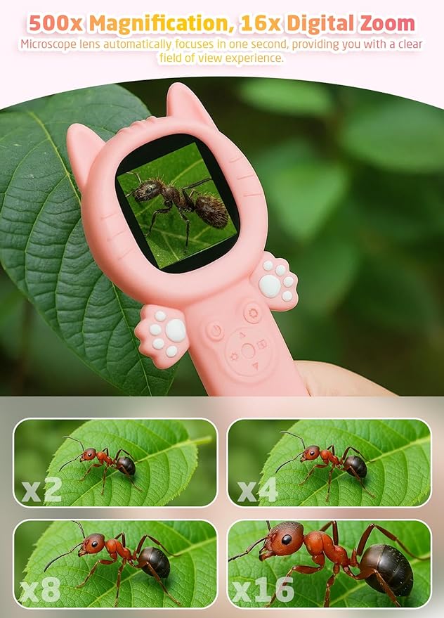 2-in-1 Microscope Camera for Kids, Mini Handheld Microscope Supporting Multiple Viewing Angles, Outdoor Educational Science Adventure Toys, Birthday Gifts for 3-10 Years Old Girls, Pink Cat-BubblyBeeBaby