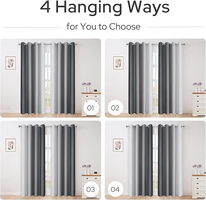 HOMEIDEAS Gray Grey Ombre Blackout Curtains, 52 X 96 Inch Length Gradient Color Room Darkening Curtains with Grommet Thermal Insulated Window Drapes for Living Room, Bedroom, 2 Panels-BubblyBeeBaby