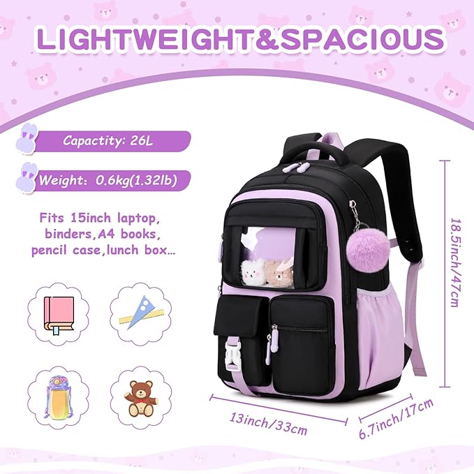 Kids Backpack for Girls School Bags for Middle School Students Book Bag for Elementary Primary Kawaii Ita Backpack, Black and Purple-BubblyBeeBaby
