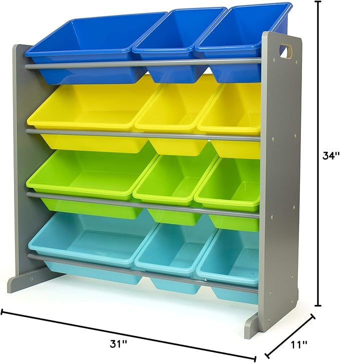Humble Crew Kids Toy Storage Organizer with 12 Plastic Bins, Grey/Blue/Green/Yellow – Removable Bins for Playroom, Bedroom, Toddler Furniture for Boys and Girls Ages-BubblyBeeBaby