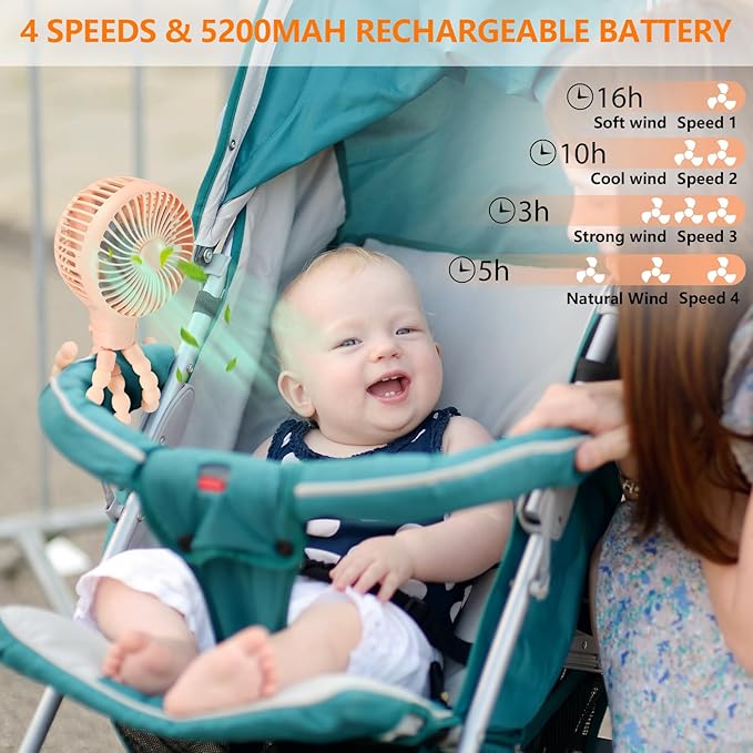 snawowo Mini Portable Baby stroller Fan, Auto Oscillating Battery Operated Personal Small Handheld Fan with Flexible Tripod, Rechargeable Clip On for Car Seat Crib Treadmill Travel Camping Pink-BubblyBeeBaby