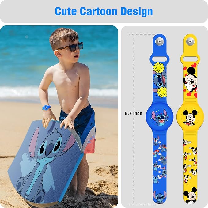 2 Pack AirTag Bracelet for Kids, Waterproof Cute Cartoon Air tag Holder for Kids with Watch Band Design, Full Coverage Silicone Airtag Hidden Accessories for Child, Healthy Material Blue + Yellow-BubblyBeeBaby