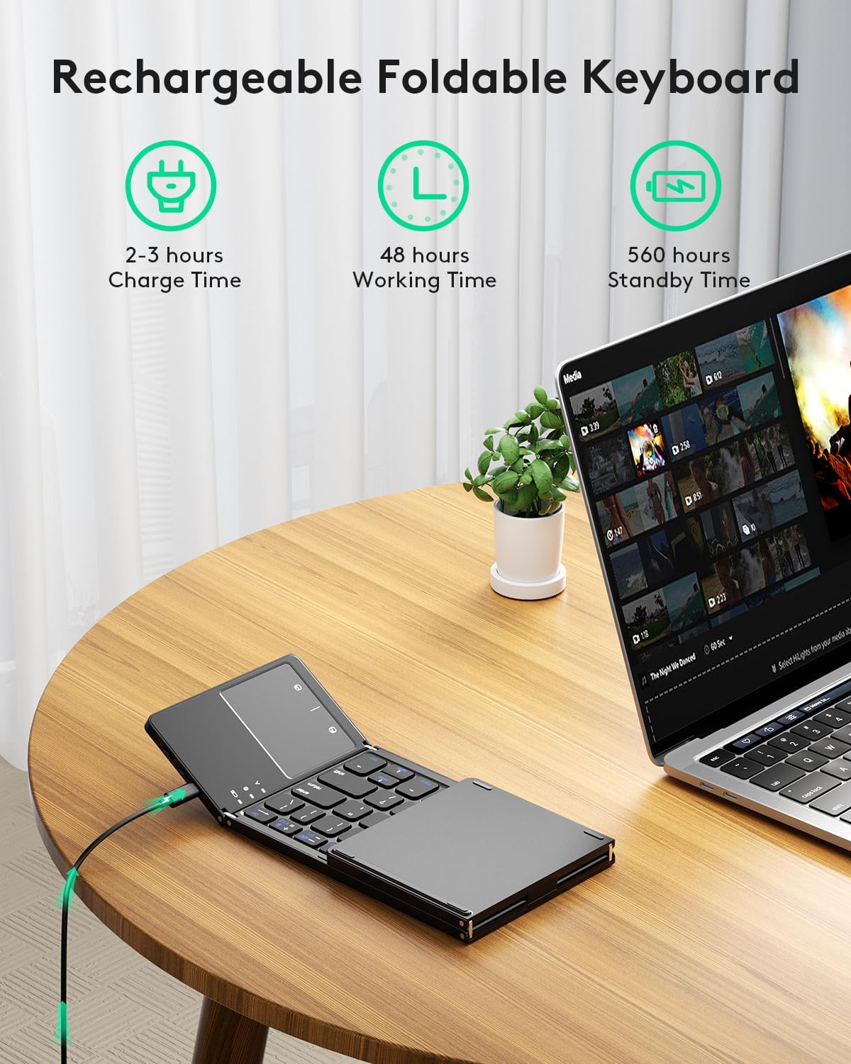 Samsers Multi-Device Foldable Bluetooth Keyboard with Touchpad, Rechargeable Dual-Mode(2.4G+BTx2) Wireless Keyboard with Holder, Portable Folding Keyboards for Android Windows iOS Mac OS - Black