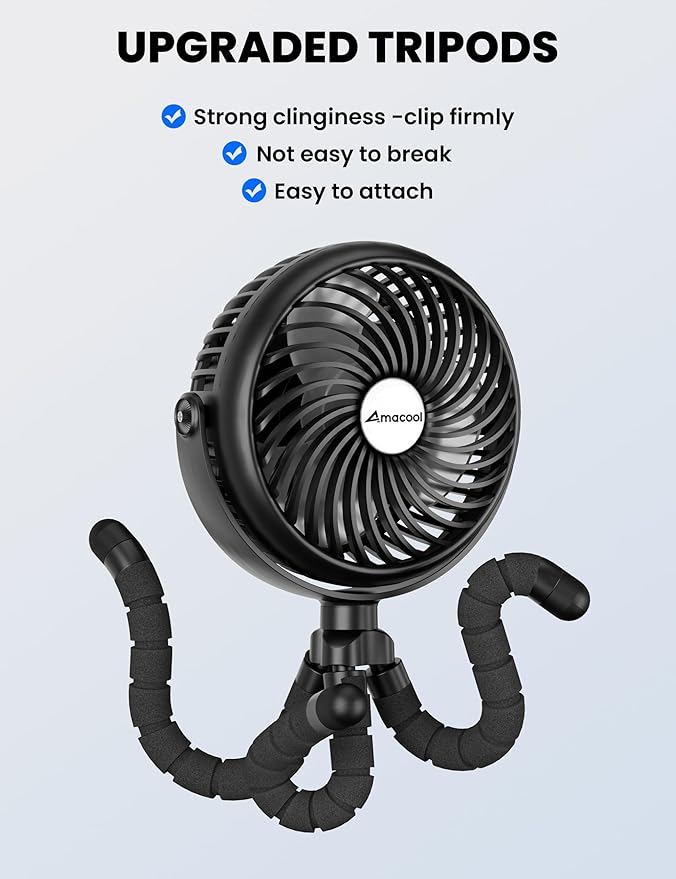 AMACOOL Baby Stroller Fan - 5000mAh Rechargeable, 3-Speed, Strong Yet Quiet, 360°Rotate Portable Clip on Fan for Travel, Car Seat, Crib, Bike, Treadmill, Beach Vacation Essentials-BubblyBeeBaby