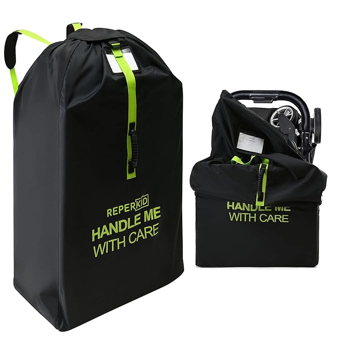 reperkid Large Stroller Bag for Airplane Travel, Black & Green, 47" H x 24" W x 15" D, Fits Most Large, Single, Double, Jogging Strollers – Premium Waterproof Cover, Adjustable Shoulder Straps-BubblyBeeBaby