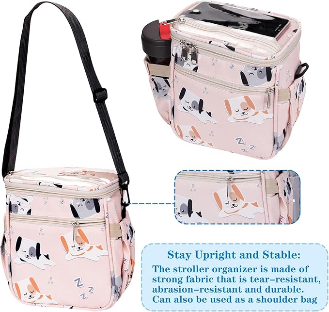 Baby Stroller Organizer Bag，Small Diaper Bag - Universal Stroller Organizer With Insulated Cup Holder,Pocket With Baby Wipes Dispenser，Adjustable Shoulder Strap(pink)-BubblyBeeBaby