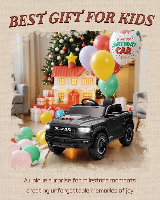 12V Licensed Ram 1500 Ride on Toy for Kids, Toddler Ride on Pickup Truck with Parent Remote Control, Electric Car for Kids with Truck Bed Storage, 3 Point Safety Belt (Black)-BubblyBeeBaby