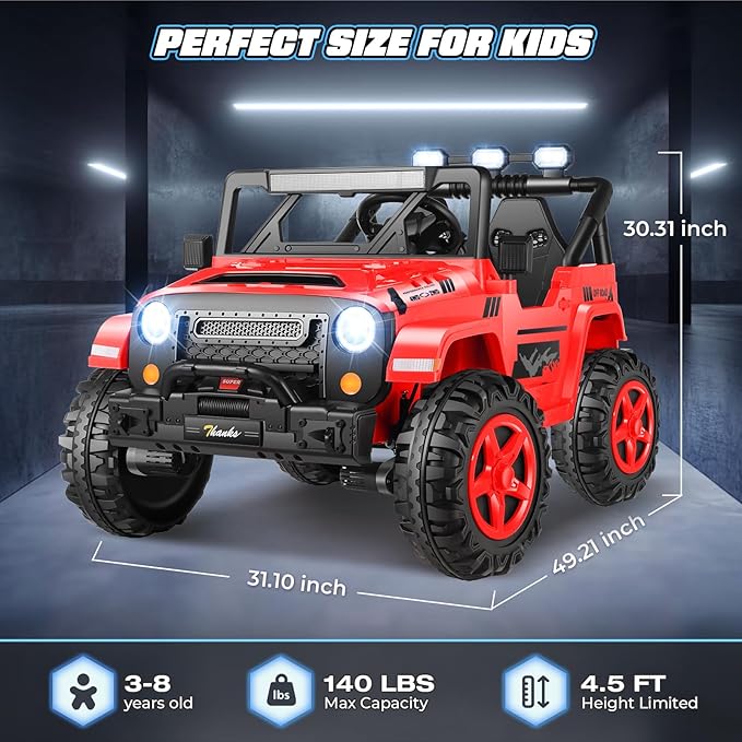 Hikole 24V Kids Electric Car with Remote Control - 4WD/2WD Switchable Two Seater Ride on Cars with 4x200W Powerful Engines, LED Lights, Spring Suspension, Ride on Toys for Kids Ages 4-8, Red-BubblyBeeBaby