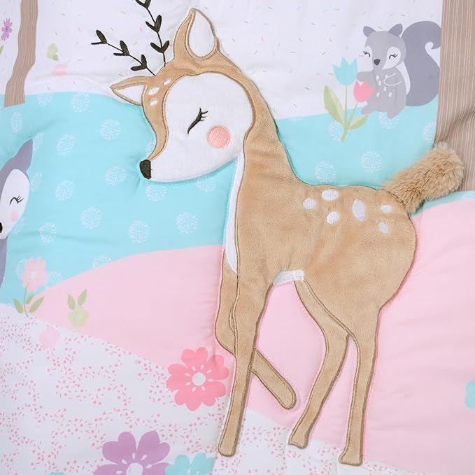 UOMNY Crib Bedding Set for Girls 3 Piece Woodland Baby Girl Crib Bedding Set Include Fitted Crib Sheet Comforter Crib Skirt-BubblyBeeBaby