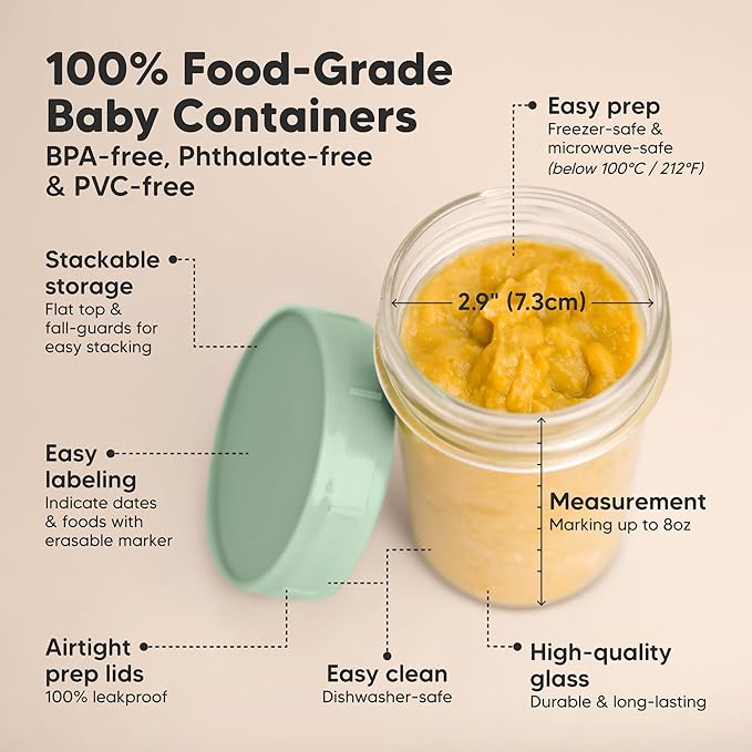 KeaBabies 4pk 8oz Glass Baby Food Containers with Lids - Leak-Proof, Microwavable Small Glass Jars, Baby Purees & Toddler Snack Storage Containers, BPA-Free, Dishwasher & Freezer Safe (Musk Dusk)-BubblyBeeBaby