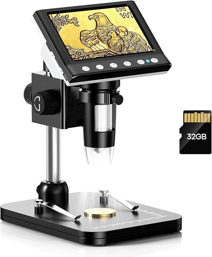 Hayve 4.3'' IPS Coin Microscope, 1000X Magnification Digital Microscope for Adults，Coin Collection Supplies with 8 Adjustable LEDs，Windows Compatible，32GB TF Card-BubblyBeeBaby