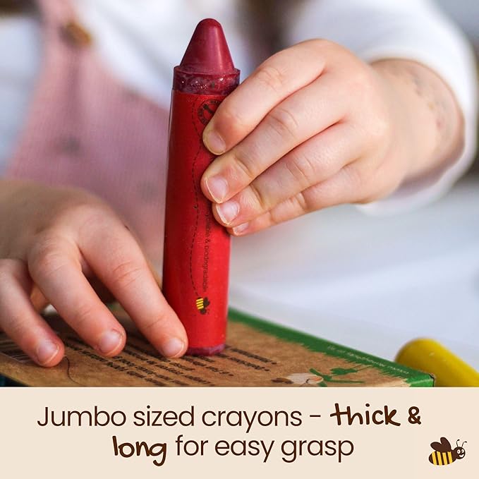Honeysticks Super Jumbo Crayons (12 Pack) - Non Toxic Crayons for Kids - 100% Pure Beeswax and Food Grade Colors - For Toddlers 1-3, Unbreakable, Extra Large, Easy to Hold and Use, Eco-Friendly-BubblyBeeBaby
