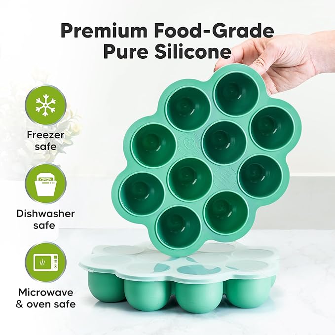 KeaBabies Silicone Food Freezer Trays with Lid, 2oz x 10 Pods Baby Food Storage Containers, Easy Puree Meal Prep, Breast Milk Silicone Freezer Molds, Dishwasher,Microwave Safe,BPA-Free(Alpine Green)-BubblyBeeBaby