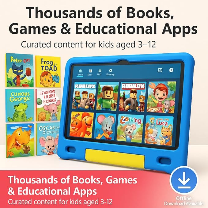 10.1 Inch Kids Tablet with Shockproof Case | Android 14, 64GB+8GB RAM, 12H Battery | Parental Control, Google Kids Space & Preloaded Educational Apps | WiFi 6, HD Display, Ages 3-12-BubblyBeeBaby