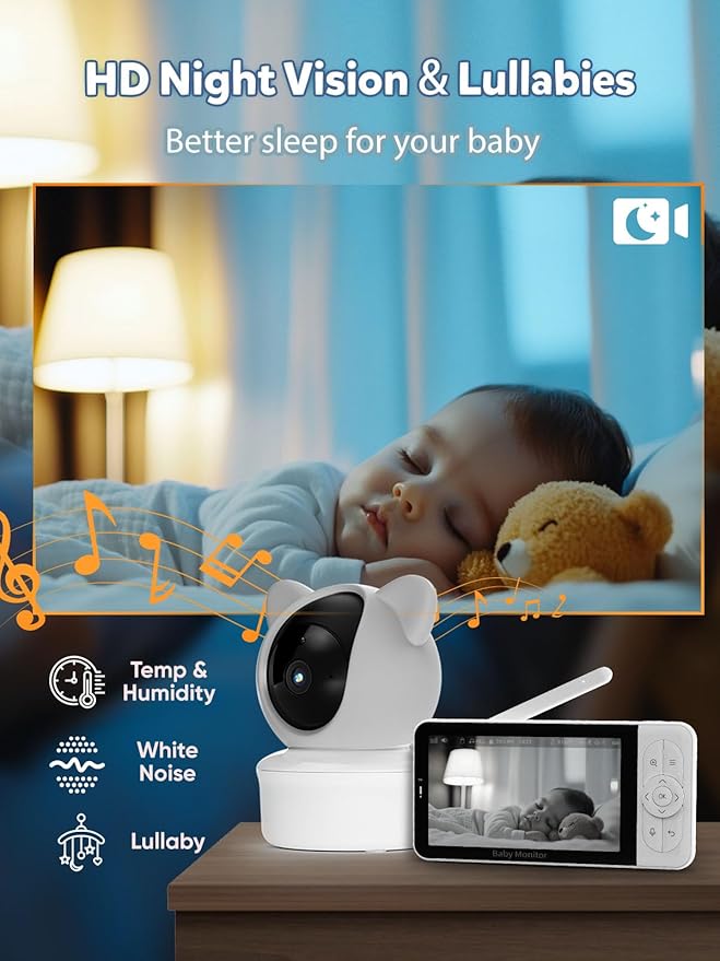 iFamily WiFi Baby Monitor with App – Smartphone Baby Monitor with 5" HD Monitor & 2K Camera, Night Vision, 2-Way Talk, Motion Tracking&Alerts, Temp Sensor, Lullabies,Secure WiFi Lock-BubblyBeeBaby