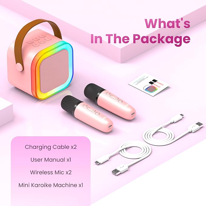 Karaoke Machine for Kids Adults, Portable Bluetooth Mini Karaoke Microphone Singing Speaker with 2 Mic and Light,Toys for All Smartphones,Birthday, Family,Home Party (Pink)-BubblyBeeBaby