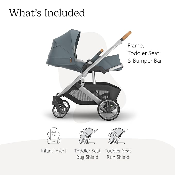 UPPAbaby Cruz V3 Stroller - from Birth + Car Seat Compatible - Full-Size, Reversible Seat - Infant Insert, Bug and Rain Shields Included - Callum (Stone Blue/Silver Frame/Sand Leather)-BubblyBeeBaby