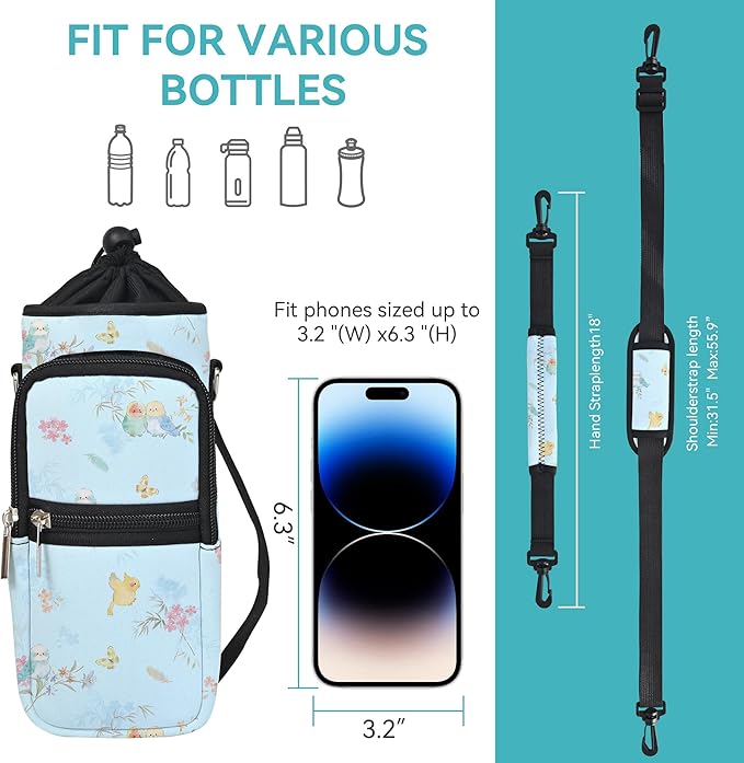 25/32/40/64oz Water Bottle Bag Holder Carrier-Insulated Crossbody Sling Case Sleeve with Strap & Pockets for Men Women Gym Cycling Travel Walking Hiking Camping-BubblyBeeBaby
