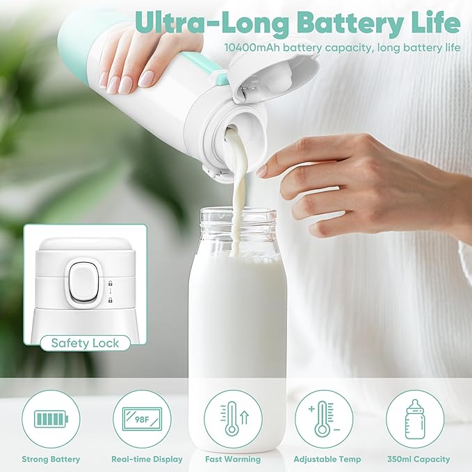 Portable Bottle Warmer for Travel,Portable Milk Warmer for Baby-12oz Ceramic Heater Heating,Fast Charging & Cordless Portable Baby Bottle Warmer -Dual Heating Modes for Breast Milk & Water,Green-BubblyBeeBaby