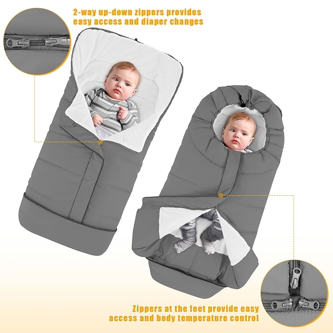 Yoofoss Stroller Cover for Winter, Toddler Stroller Footmuff Universal for Most Stroller, Water Resistant Warm Coral Baby Stroller Bunting Sleeping Bag Light Grey-BubblyBeeBaby