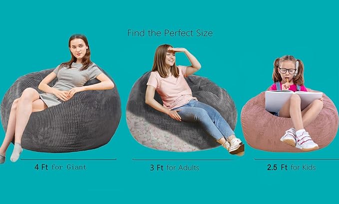 2 Pcs Classic Bean Bag Chair, with Faux Rabbit Fur Cover for Teens and Kids, Memory Foam Bean Bag Chairs, Ultra Soft Faux Fur Fabric, 2.5 feet Round Fluffy Bean Bag Sofa-BubblyBeeBaby