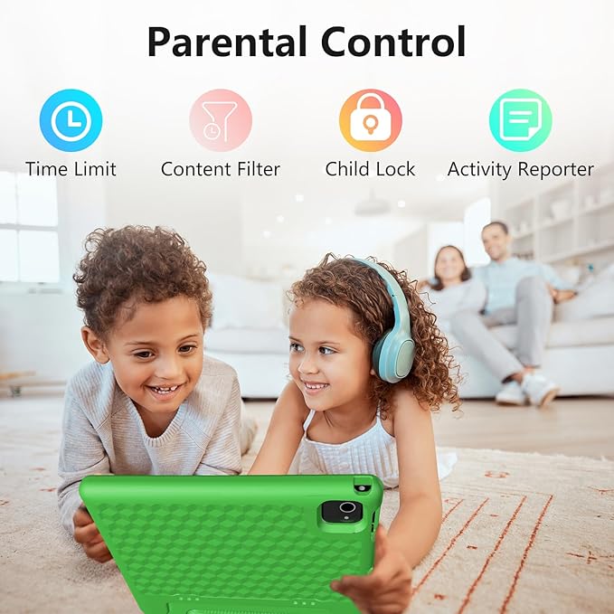 JREN Tablet for Kids｜10 Inch Kids Tablet Android 14｜Octa-core｜64GB｜WiFi ｜Bluetooth｜Parental Control｜Children Content｜Children Toddler Green-BubblyBeeBaby