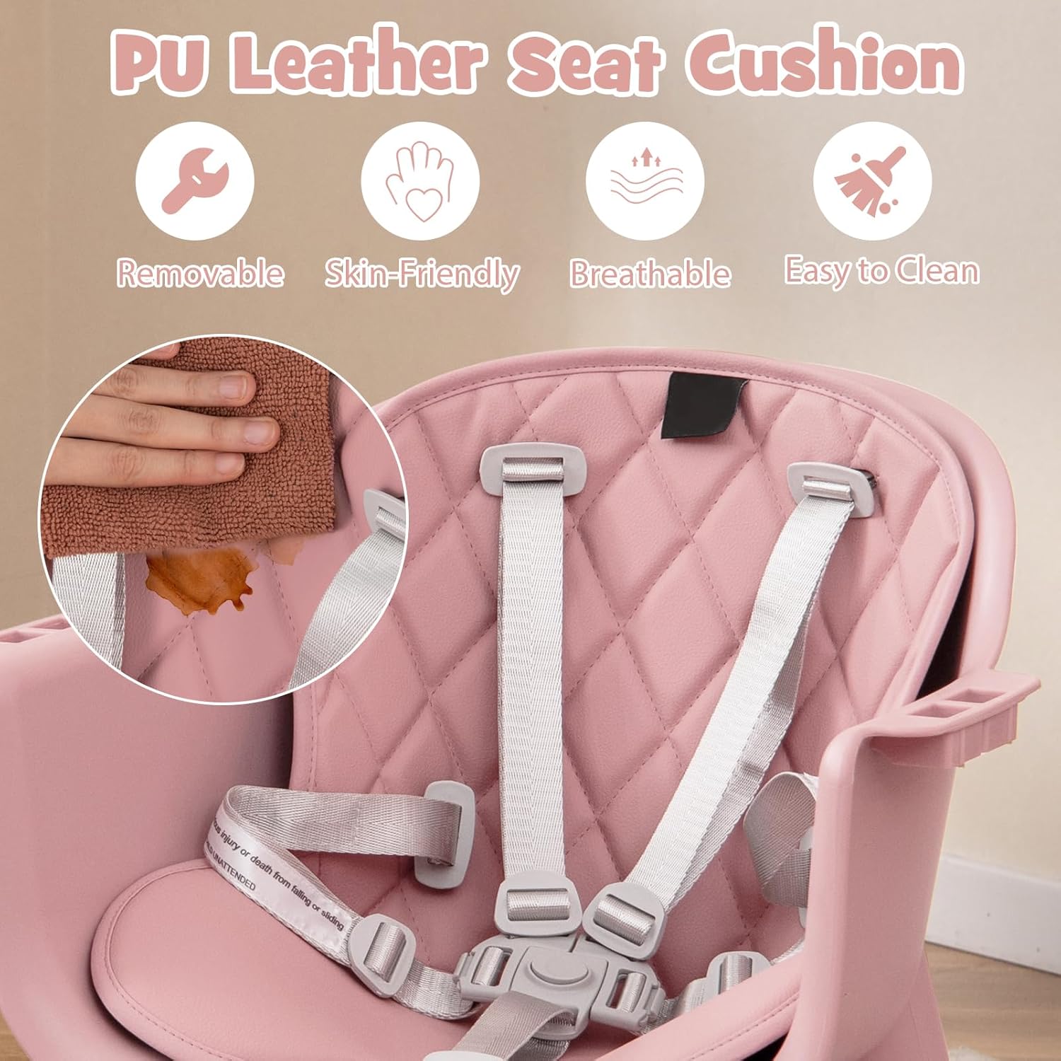 HONEY JOY 5-in-1 High Chair, Convertible Highchair for Babies and Toddlers/Kids Chair Table Set/Infant Feeding Chair w/Safety Harness, PU Leather Cushion & Removable Food Tray (Pink)