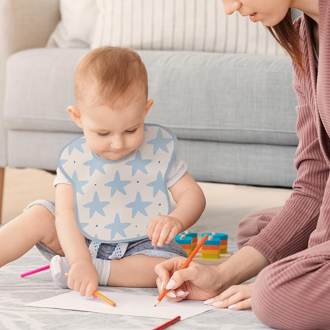 Mess Proof Baby Bib 3 Pack, Waterproof Led Weaning Baby Feeding Bibs with Food Catcher, Travel Feeding Bibs-BubblyBeeBaby