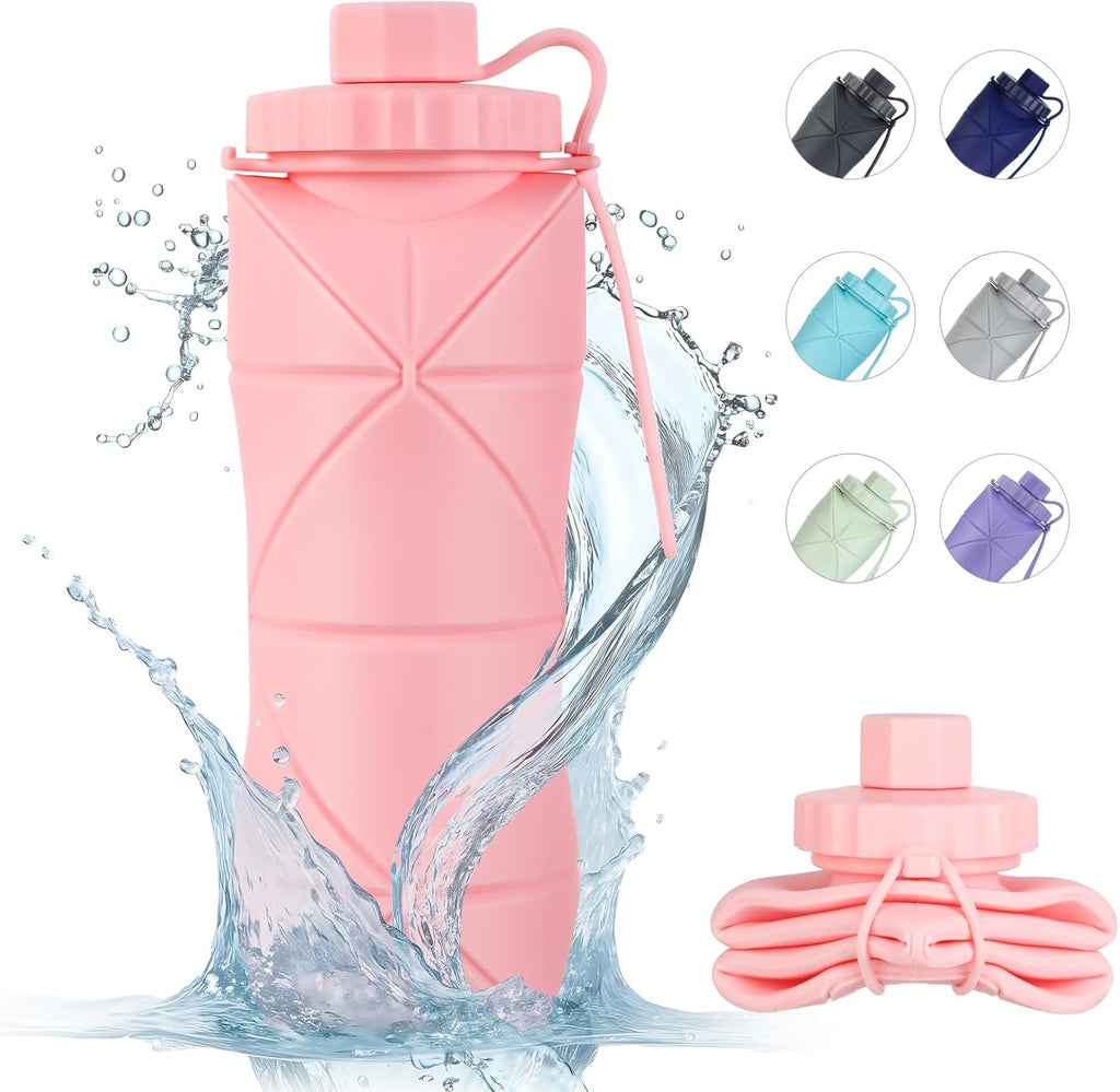YCT Collapsible Silicone Travel Water Bottle 20oz (600ml), Reuseable Leakproof BPA Free Foldable Sports Bottle, with Carrying Strap, Pink