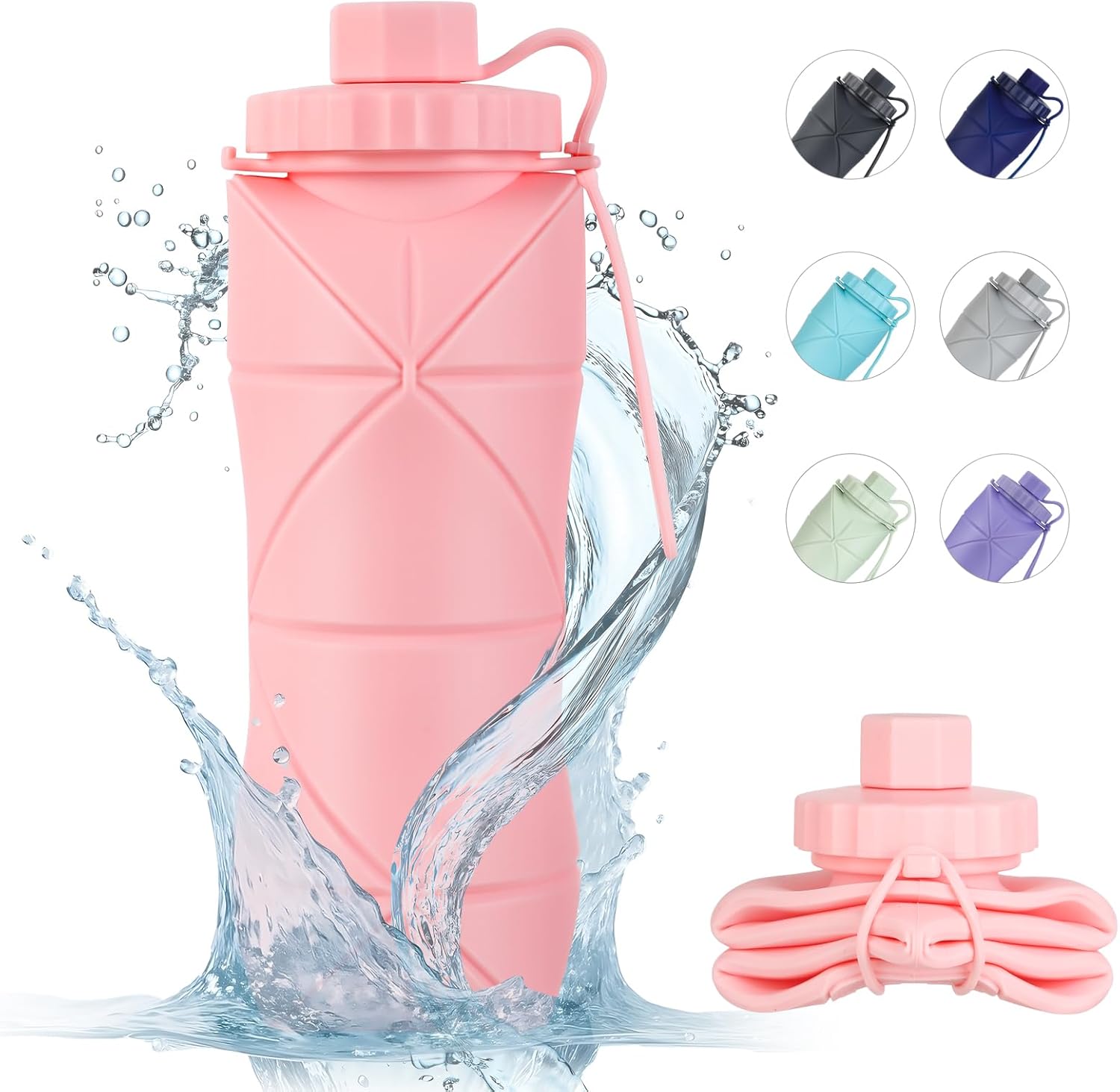 YCT Collapsible Silicone Travel Water Bottle 20oz (600ml), Reuseable Leakproof BPA Free Foldable Sports Bottle, with Carrying Strap, Pink