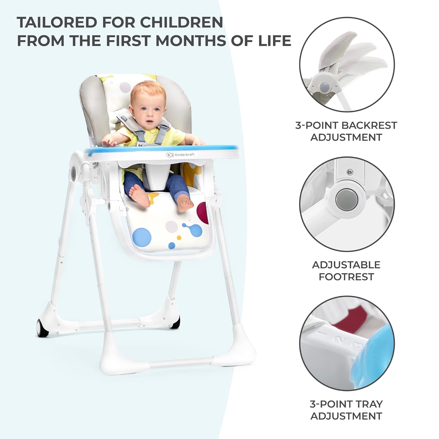 Kinderkraft Highchair Yummy, Baby Chair, Ergonomic, Comfortable, Reclining, Foldable, with Ajustable Height, Footrest, Detachable Double Tray, for Toddler, from 6 Month to 3 Years, Gray