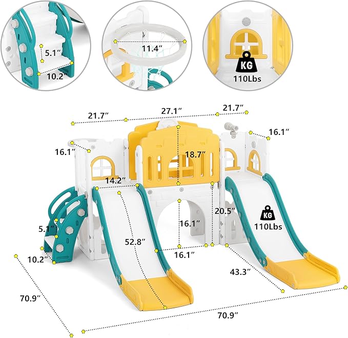 JOYLDIAS 9 in 1 Toddler Slide, Toddler Playground with Double Slides, Climber,Basketball Hoop,Tunnel, Telescope, Storage Space and Non-Slip Step, Indoor Outdoor Backyard Playset for Toddlers Age 1-3+-BubblyBeeBaby