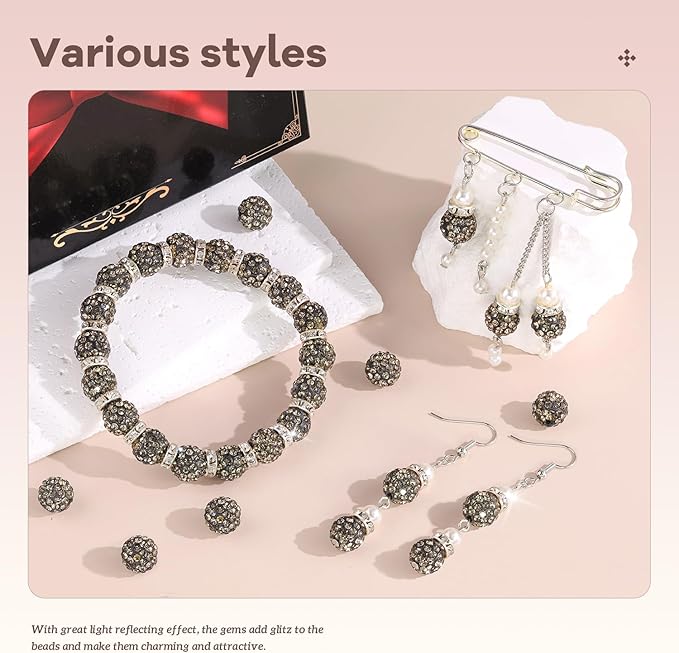 160pcs 10mm Rhinestone Beads for Jewelry Making, Gray Shiny Round Disco Ball Beads Bulk, Sparkle Crystal Clay Christmas for Bracelet Baseball Necklace Earring Crafting and DIY-BubblyBeeBaby