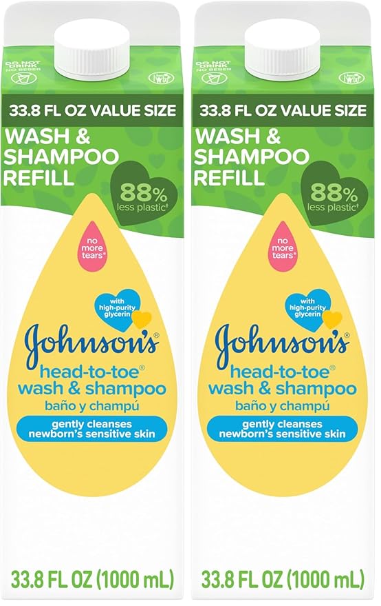 Johnson's Head-To-Toe Gentle Body Wash & Shampoo for Baby's Sensitive Skin & Hair, Tear-Free, Sulfate-Free & Hypoallergenic, Value Size Refill, 33.8 fl. oz (Pack of 2)-BubblyBeeBaby