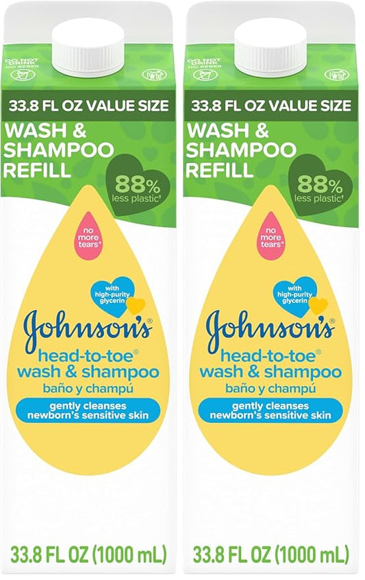 Johnson's Head-To-Toe Gentle Body Wash & Shampoo for Baby's Sensitive Skin & Hair, Tear-Free, Sulfate-Free & Hypoallergenic, Value Size Refill, 33.8 fl. oz (Pack of 2)-BubblyBeeBaby