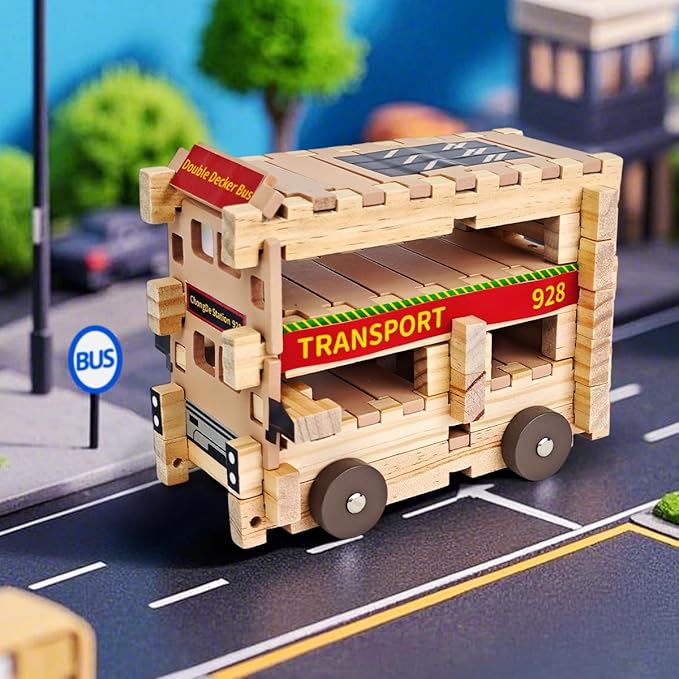 Jovi-mindly＆Notchies Wooden Blocks Train Set 101 PCS Create 40+ Shapes,Toys Educational Wooden Building Blocks Puzzles for Kids Ages 5-8 Boys and Girls,Truck/Excavator,FSC Certified,Graduate Gifts-BubblyBeeBaby