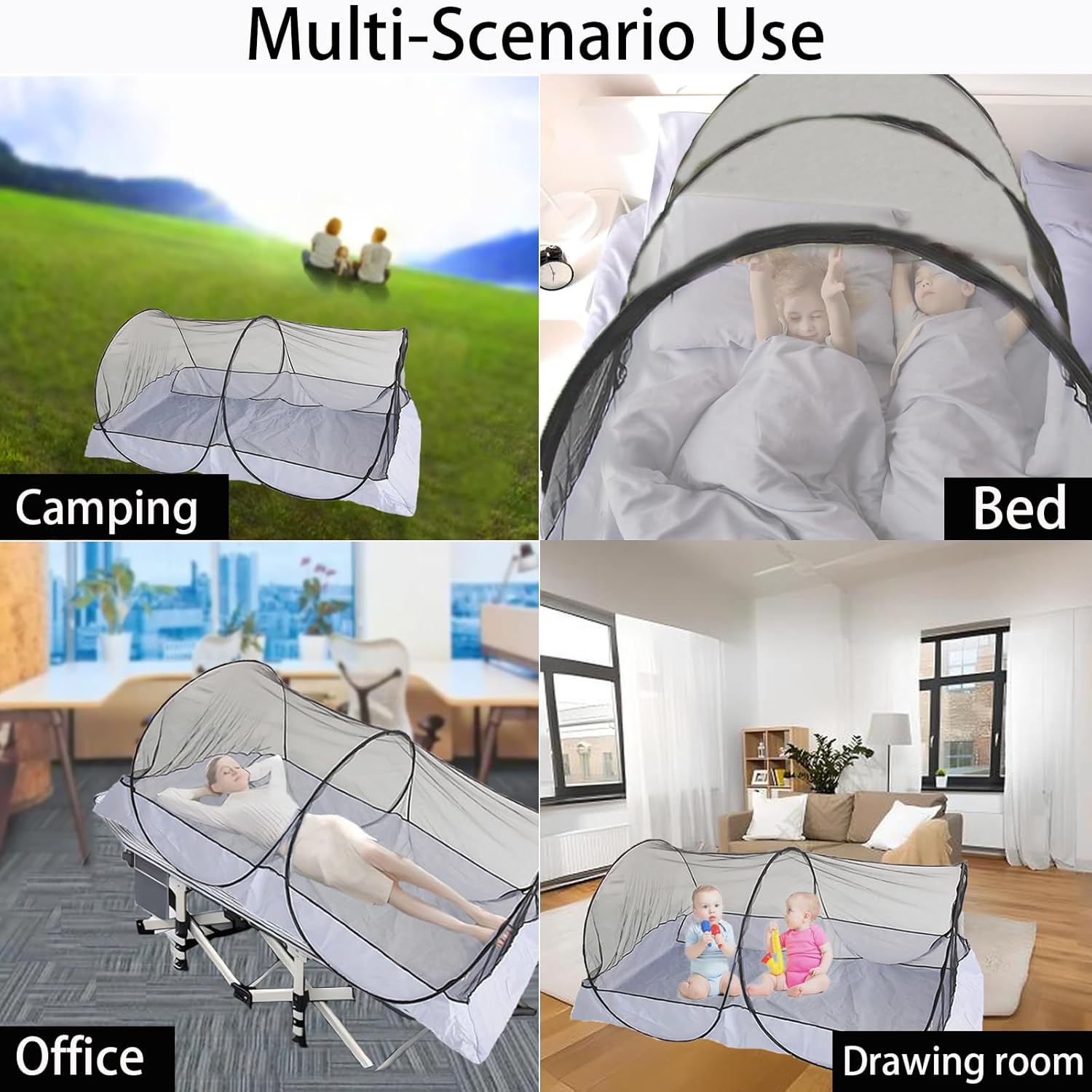 CMINGJ Portable Mosquito Net Foldable Pop-Up Travel Mosquito Net for Bed Free Installation-Suitable for Baby Adults Bedroom, Camping, nap, Patio (Large-Bottom Zipper(Black net))