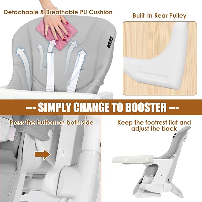 INFANS High Chair for Babies & Toddlers, Foldable Highchair with Multiple Adjustable Backrest Footrest Seat Height, Removable Tray, Detachable PU Leather Cushion Wheels (with Booster, Light Grey)-BubblyBeeBaby