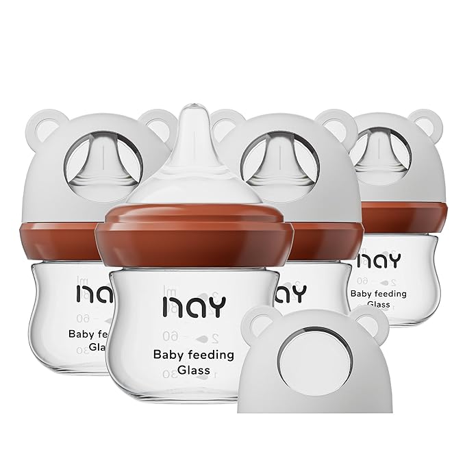 Natural Glass Baby Bottle for Breastfeeding Babies, 3oz Newborn Anti-Colic Baby Bottle with Slow Flow Nipples (SS), Clear, Wide Neck, 4 Pack, 0 Months+-BubblyBeeBaby