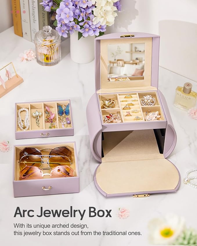 Homde Girls Jewelry Box Jewelry Storage Case Organizer Faux Leather with Mirror for Rings, Earrings, Bracelets, Necklaces (Grey Purple)-BubblyBeeBaby