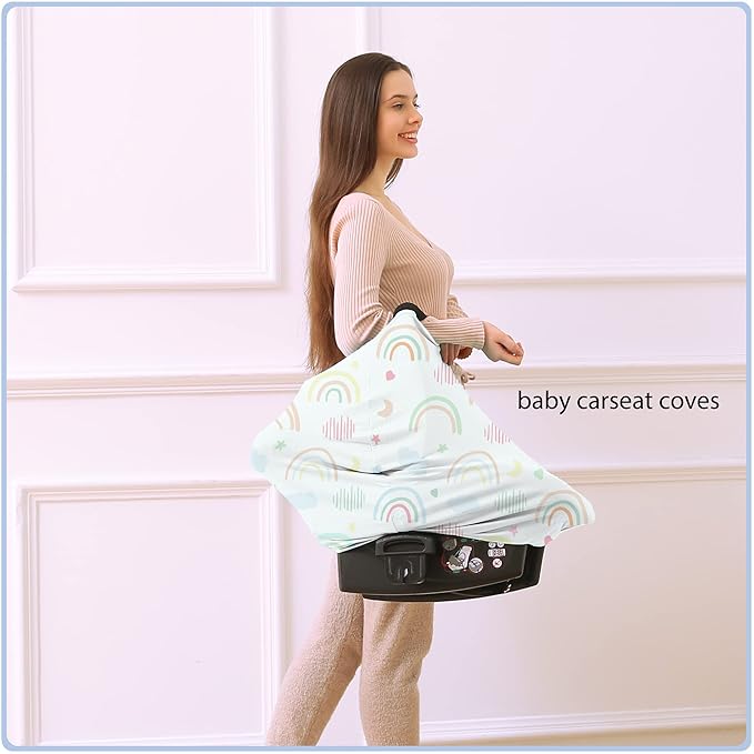 Car Seat Covers for Babies - Multi- use Nursing Carseat Canopy, Breastfeeding Covers, Baby Shower Gifts for Boys and Girls (Rainbow)-BubblyBeeBaby